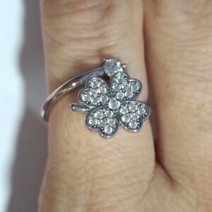 Clover Ring Silver Tone Rhinestone Lucky Four Leaf Fashion Jewelry Size 5.5